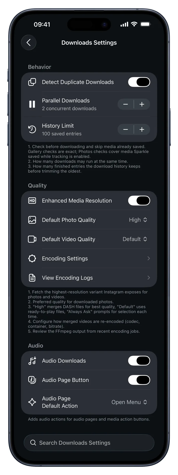 Download settings